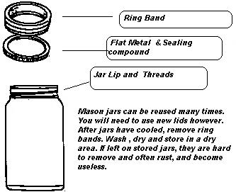 Mason jars can be reused, new lids are required on each reuse. A diagram of mason jar, lid, and ring. 