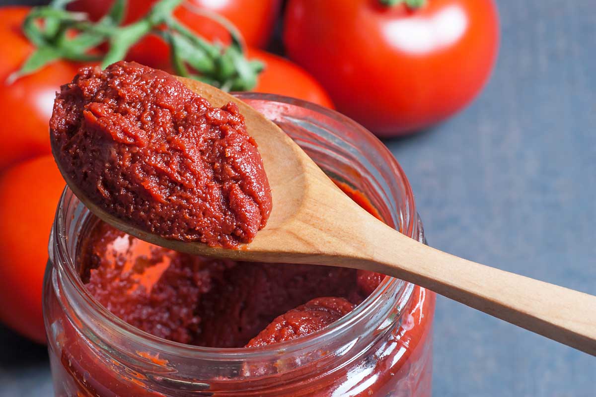 Tomato Paste in jar and wooden spoon and ripe fresh paste tomatoes on wooden background.