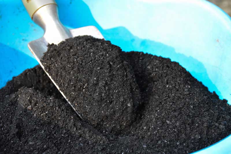 A trowel scoops up some fined textured crushed biochar out of a pail.